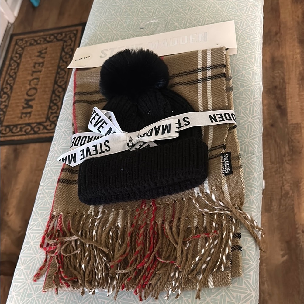 Steve Madden Black Pom-Pom Hat and Tan Scarf Set